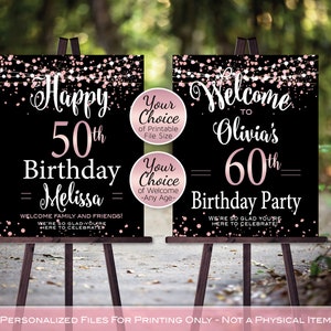 Birthday Welcome Sign Printables | Soft Pink on Black | 30th, 40th, 50th, 60th or Any Age Birthday | Personalized | DIGITAL PRINTABLE FILES