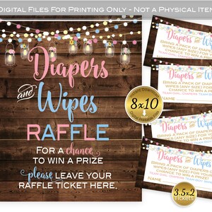 Diaper and Wipes Raffle 8x10 Sign and Tickets | Gender Reveal | Lanterns Garland Lights | Faux Wood | Pink Blue | Printable INSTANT DOWNLOAD