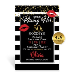 Save the Date | Kissing 20s 30s 40s 50s Goodbye | 4x6 Printable | Personalized | Black White Stripes with Red Lips | DIGITAL PRINTABLE FILES