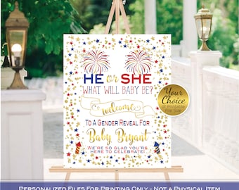 Gender Reveal Fireworks Twinkle Welcome Sign Printable | He or She | Red White Blue | Gold | Personalized | PRINTABLE DIGITAL File