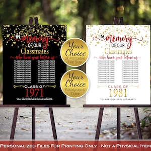 In Memory of Classmates Class Reunion Any Year Personalized Sign Printable File | Red Gold and Black | DIGITAL PRINTABLE FILES