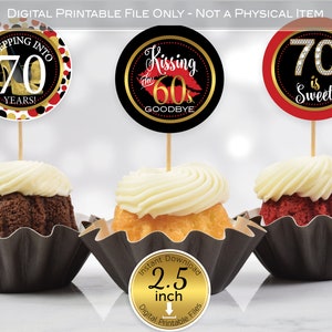 Round Cupcake Toppers for 70th Birthday | Kissing the 60s GoodBye | 2.5 inches | Red Black | Faux Glitter Gold | Digital INSTANT DOWNLOAD