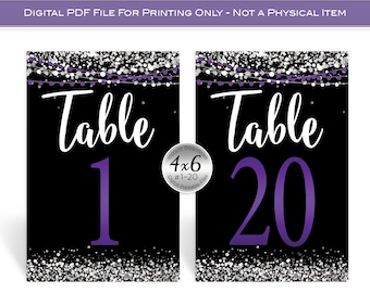 Table Number Signs 1-20 | 4x6 | Purple Garland and Silver Confetti on Black | PRINTABLE DIGITAL DOWNLOAD