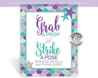 Grab a Prop Photo and Strike a Pose Mermaid 8x10 Printable Sign | Purple Teal Silver | Photo Booth | Birthday | INSTANT DIGITAL DOWNLOAD