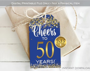 Cheers to 50 Years Birthday Favor Tags | 2x3.5 | Gold Glitter Royal Blue | Mini Champagne | Birthday | Anniversary | DIGITAL PRINTABLE FILES