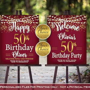 Birthday Welcome Sign Printable Poster | Burgundy Garnet | Garland Lights | Gold Confetti | Any Age | Personalized | DIGITAL PRINTABLE FILES