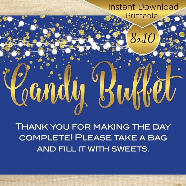 Candy Buffet Sign 8x10 Printable | Birthday | Wedding | Royal Blue | Sweets | Faux Gold Confetti and Garland | Digital INSTANT DOWNLOAD