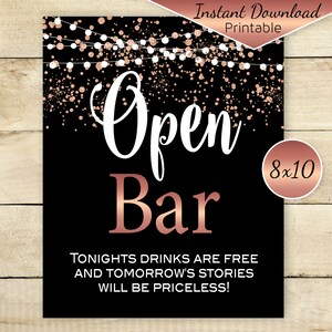 Open Bar 8x10 Sign | Free Drinks  | Birthday | Wedding | Rose Gold Confetti and Garland on Black | Digital INSTANT DOWNLOAD