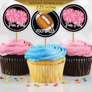 Footballs or Pom Poms Gender Reveal Cupcake Toppers 2.25 Inches Round | Pink Blue on Black | He or She | Digital Printable INSTANT DOWNLOAD
