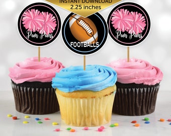 Footballs or Pom Poms Gender Reveal Cupcake Toppers 2.25 Inches Round | Pink Blue on Black | He or She | Digital Printable INSTANT DOWNLOAD