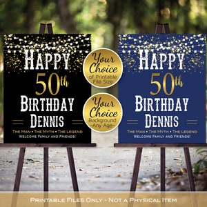 Man&#39;s Birthday Welcome Printable | Garland Lights and Gold | Man Myth | on Black or Navy | Any Age | Personalized | DIGITAL PRINTABLE FILES