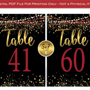 May include: Two black table number cards with gold text that reads "Table" above the numbers 41 and 60 in red. The cards have a gold and red confetti design and the text "DIGITAL PDF FILE FOR PRINTING ONLY - NOT A PHYSICAL ITEM".
