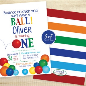 Bouncy Balls 1st Birthday 5x7 Invitation | ONE | Navy Red Blue Orange Green Yellow Balls | Personalized | Printable DIGITAL FILES