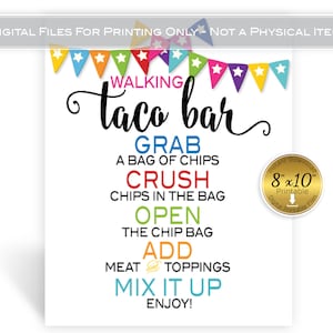 Walking Taco Bar Instructions Table Sign 8x10 Printable | Birthday | Fiesta | Aqua Green Red Orange Blue on White | Digital INSTANT DOWNLOAD
