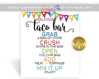 Walking Taco Bar Instructions Table Sign 8x10 Printable | Birthday | Fiesta | Aqua Green Red Orange Blue on White | Digital INSTANT DOWNLOAD
