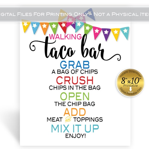 Walking Taco Bar Instructions Table Sign 8x10 Printable | Birthday | Fiesta | Aqua Green Red Orange Blue on White | Digital INSTANT DOWNLOAD