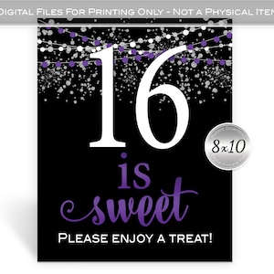 Sixteen is Sweet | Enjoy a Treat | 16th Birthday 8x10 Printable Sign | Purple and Silver | Confetti and Garland | Digital INSTANT DOWNLOAD