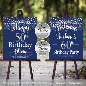Birthday Welcome Sign Printable | Navy Silver | Garland Lights Confetti | 40th 50th 60th | Any Age | Personalized | DIGITAL PRINTABLE FILES