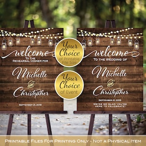 Rehearsal Dinner or Wedding Welcome Sign Printable | Garland Lights and Lanterns on Faux Wood | Personalized | DIGITAL PRINTABLE FILES
