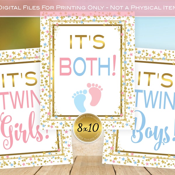 Twins | It's Boys It's Girls or It's Both Gender Reveal 8x10 Signs | Twinkle | Pink Blue Faux Glitter Gold Stars | INSTANT DIGITAL DOWNLOAD