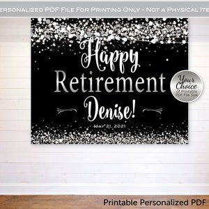 Happy Retirement Backdrop Banner Printable Files | Silver Confetti on Black | Personalized | Retirement Celebration | DIGITAL PDF FILE