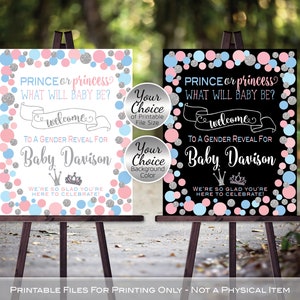 Prince or Princess Gender Reveal Welcome Sign Printable | Personalized | Pink Blue Silver | on White or Black | PRINTABLE DIGITAL File