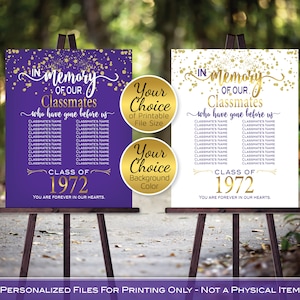 In Memory of Classmates Class Reunion Any Year Personalized Sign Printable File | Purple | Gold Confetti | DIGITAL PRINTABLE FILES
