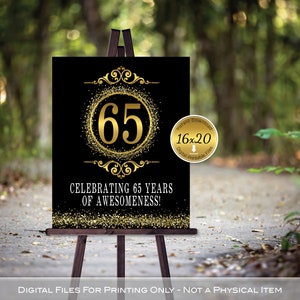 Celebrating 65 Years of Awesomeness 16x20 Printable Sign Files | Birthday | Anniversary | Gold Confetti on Black | DIGITAL INSTANT DOWNLOAD