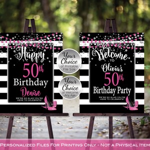 Birthday Welcome Sign Printables | Hot Pink Heels | Stripes | 30th 40th 50th 60th | Silver Confetti | Personalized DIGITAL PRINTABLE FILES