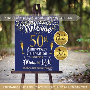 Anniversary Welcome Sign Printable | Navy Gold | Any Anniversary | Garland Lights | Gold Confetti | Personalized | DIGITAL PRINTABLE FILES