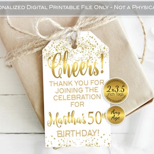 Cheers! Favor Tags for Birthday | Personalized | Printable | 2x3.5 | Mini Wine & Champagne | White | Gold Glitter | DIGITAL PRINTABLE FILES