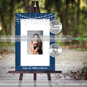 Denim and Diamonds Birthday Guestbook Signature Photo Frame for Signing | Printable | Navy SIlver | Personalized | DIGITAL PRINTABLE FILES