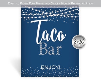 Taco Bar 8x10 Printable Sign | Birthday | Wedding | Denim and Diamonds | Navy Silver | Diamond Confetti | Digital INSTANT DOWNLOAD