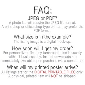 Puede incluir: Preguntas frecuentes sobre archivos digitales imprimibles. Un laboratorio fotogr&aacute;fico requiere el formato JPEG, mientras que una imprenta puede preferir el formato PDF. La imagen de la lista es una maqueta digital. Los archivos personalizados tienen un tiempo de respuesta de 1 d&iacute;a h&aacute;bil. Las descargas instant&aacute;neas est&aacute;n disponibles al comprar. Todas las listas son solo para archivos digitales imprimibles. No se enviar&aacute; ning&uacute;n art&iacute;culo f&iacute;sico impreso.