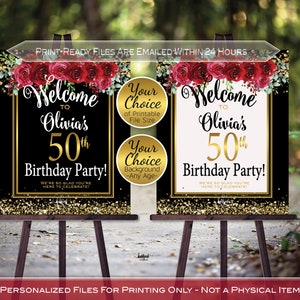 Birthday Welcome Sign Printables | Red Floral | Gold Confetti | on Black or Cream | Any Age | Personalized | DIGITAL PRINTABLE FILES