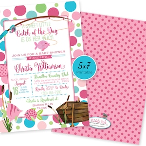 Fishing Theme Baby Shower Invitation for Girl | Sweet Little Catch of the Day is on Her Way | Fishing Rod | 5x7 | Printable DIGITAL FILES