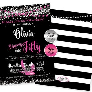 Stepping Into 30 40 50 60 70 or Any Age Birthday 5x7 Invitation | Personalized | Silver and Hot Pink | Heels | DIGITAL PRINTABLE FILES