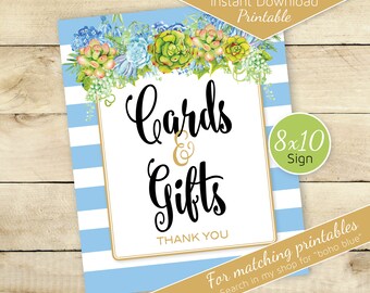 Cards & Gifts Boho 8x10 Table Sign Printable | Baby Blue and White Stripes | with Gold | Baby Shower | Birthday | Digital INSTANT DOWNLOAD