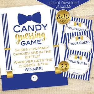 Candy Guessing Game Baby Shower Printables 8x10 Table Sign | 3x3 Cards | Little Man Royal and Gold | Bow Tie | DIGITAL INSTANT DOWNLOAD