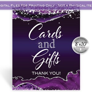 Cards and Gifts Table Sign 8x10 Printable | Purple and Silver Agate | Confetti | Birthday | Anniversary | Wedding | Digital INSTANT DOWNLOAD