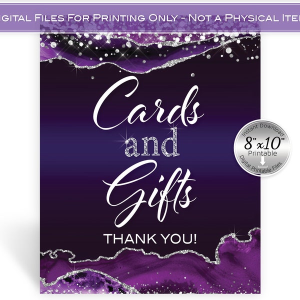 Cards and Gifts Table Sign 8x10 Printable | Purple and Silver Agate | Confetti | Birthday | Anniversary | Wedding | Digital INSTANT DOWNLOAD