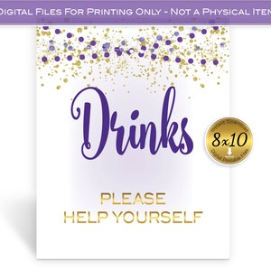 Drinks Table Sign 8x10 Printable | Purple Gold White | Garland Lights | Gold Confetti | Baby Shower | Birthday | Digital INSTANT DOWNLOAD