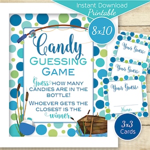 Candy Guessing Game Fishing Theme Baby Shower 8x10 Table Sign and 3x3 Cards | Aqua Navy Green | Baby Shower Game | DIGITAL INSTANT DOWNLOAD