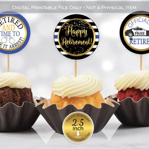 Police Officer&#39;s Retirement Round Cupcake Toppers or Stickers | 2.5 inch | Blue Black Yellow Gold | Digital INSTANT DOWNLOAD
