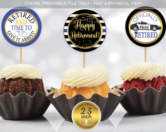 Police Officer's Retirement Round Cupcake Toppers or Stickers | 2.5 inch | Blue Black Yellow Gold | Digital INSTANT DOWNLOAD