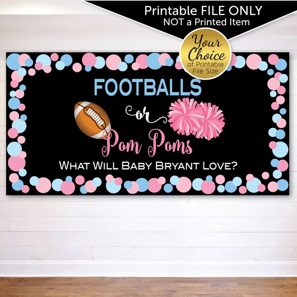 Footballs or Pom Poms Gender Reveal Backdrop Printable | Blue Pink Dot Border on Black | Personalized | DIGITAL PRINTABLE FILE Only