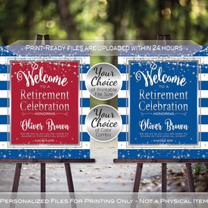 Retirement Celebration Party Welcome Sign Printable | Blue Silver Red or Blue and Silver | Military | Personalized | DIGITAL PRINTABLE FILES