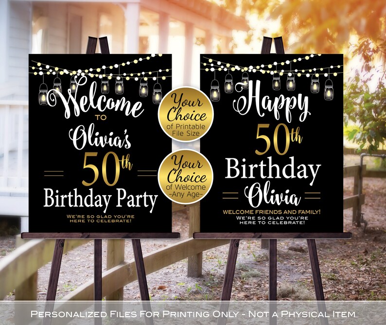 Birthday Welcome Sign Printable Garland Lights and Mason Jar Lanterns 40th 50th 60th or Any Age Personalized DIGITAL PRINTABLE FILES image 1