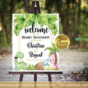 Dinosaur Baby Shower Welcome Sign | Hatching Baby Dino | with Gold Geometric | Blue Green Gold | PRINTABLE DIGITAL Files
