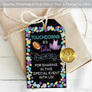Touchdowns or Tutus Favor Tags for Gender Reveal | 2x3.5 | Purple Aqua Teal and Gold | Thank You | Digital Printable | INSTANT DOWNLOAD
